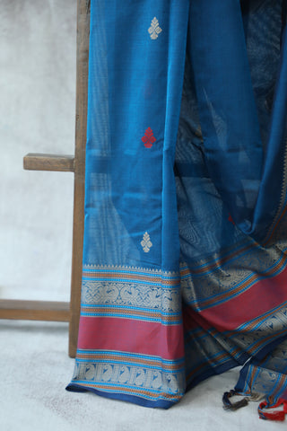 Peacock Blue Kanchi Silk Cotton Saree with Jari Border-SRPBKSCS77