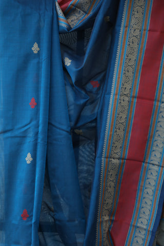 Peacock Blue Kanchi Silk Cotton Saree with Jari Border-SRPBKSCS77