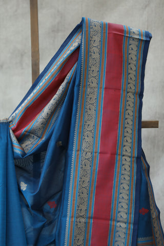 Peacock Blue Kanchi Silk Cotton Saree with Jari Border-SRPBKSCS77