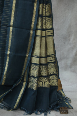 Teal Grey Kanchi Silk Cotton Saree with Jari Border-SRTGKSCS87