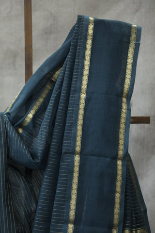 Teal Grey Kanchi Silk Cotton Saree with Jari Border-SRTGKSCS87