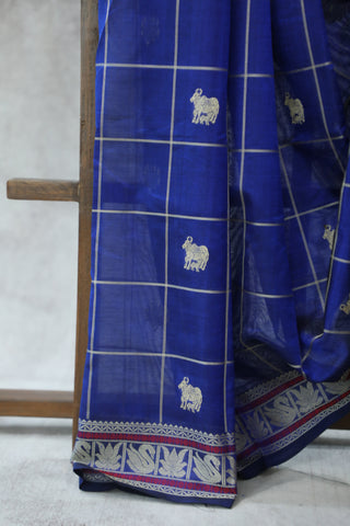 Blue Kanchi Silk Cotton Saree with Jari Border-SRBKSCS101