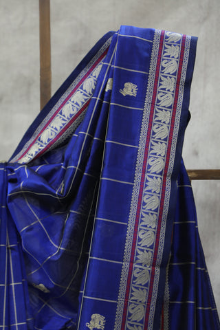 Blue Kanchi Silk Cotton Saree with Jari Border-SRBKSCS101