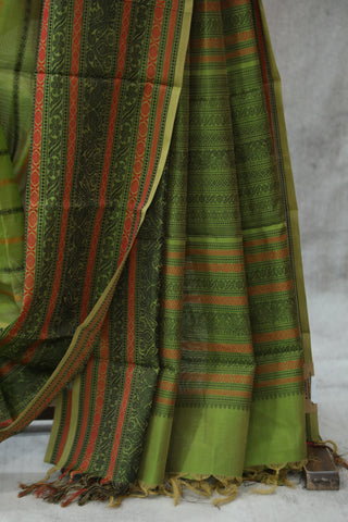 Olive Green Kanchi Silk Cotton Saree with Jari Border-SROGKSCS99