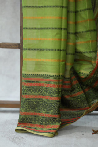 Olive Green Kanchi Silk Cotton Saree with Jari Border-SROGKSCS99