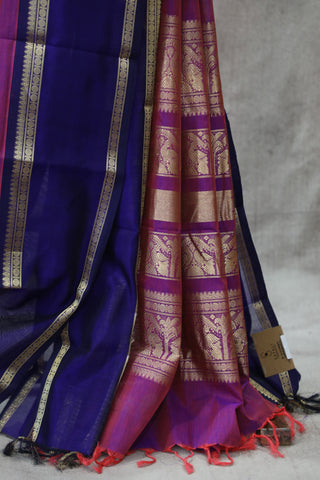 Magenta Kanchi Silk Cotton Saree with Jari Border-SRMKSCS96