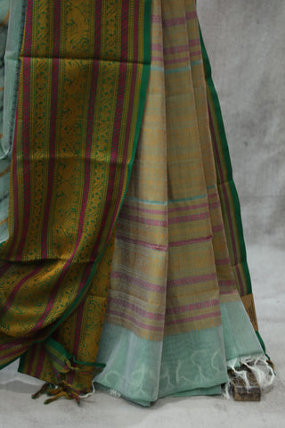 Pastel Teal Kanchi Silk Cotton Saree with Jari Border-SRPTKSCS97