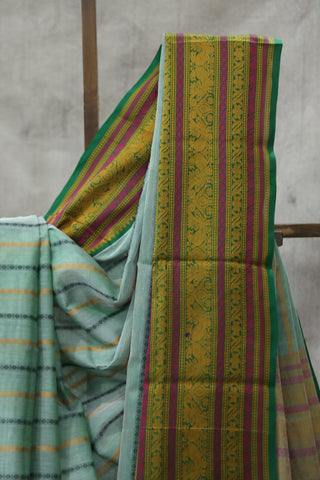 Pastel Teal Kanchi Silk Cotton Saree with Jari Border-SRPTKSCS97