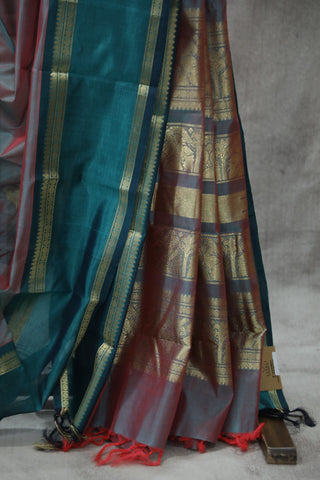 Two Tone Aqua-Pink Kanchi Silk Cotton Saree with Jari Border-SRTTAPKSCS95