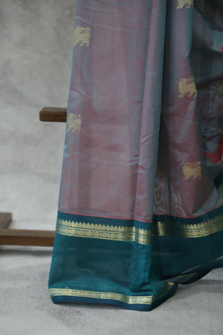 Two Tone Aqua-Pink Kanchi Silk Cotton Saree with Jari Border-SRTTAPKSCS95