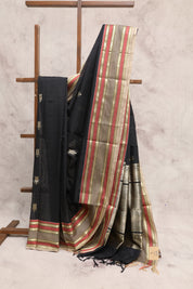 Black Kanchi Silk Cotton Saree with Jari Border-SRBKSCS70