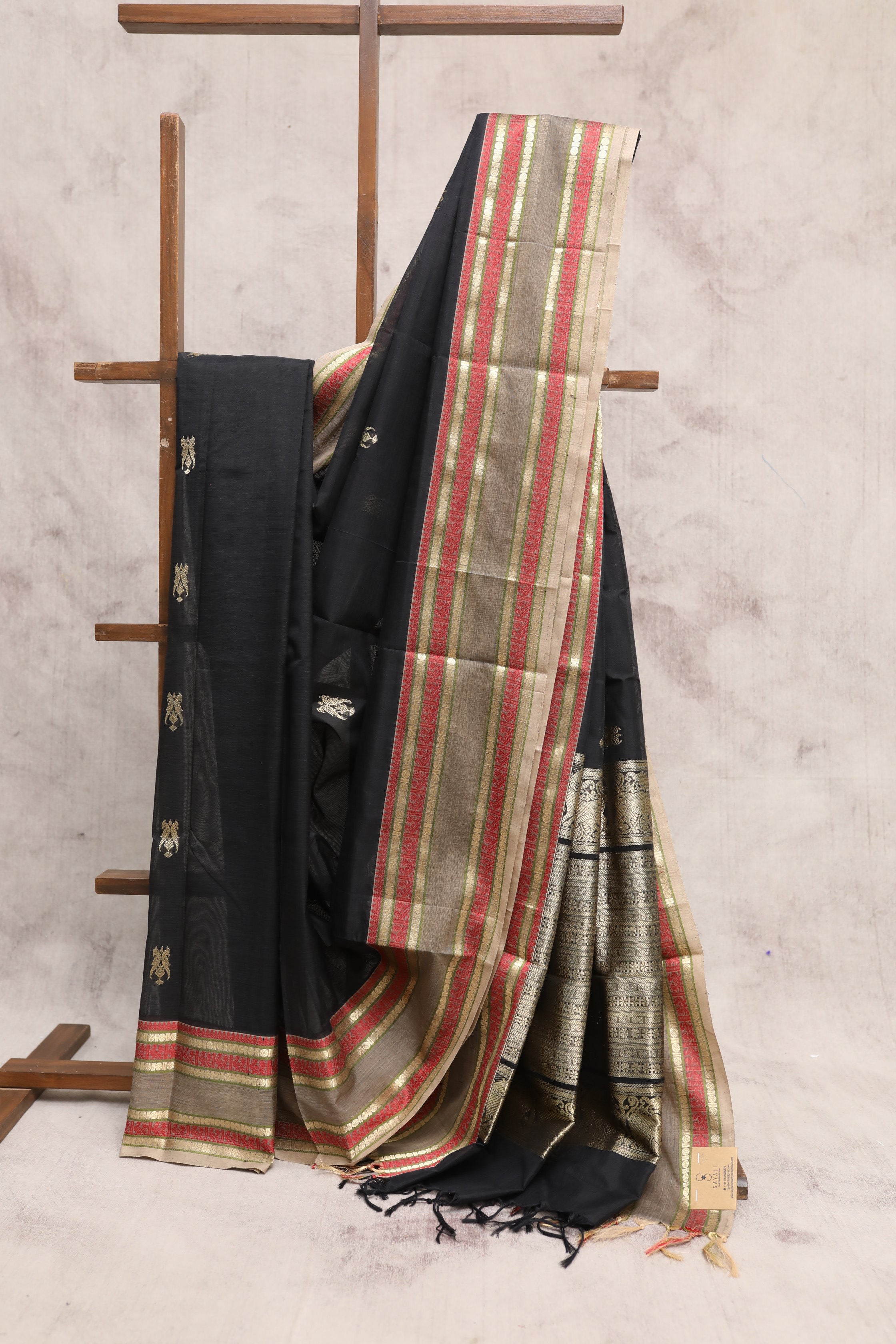 Black Kanchi Silk Cotton Saree with Jari Border-SRBKSCS70