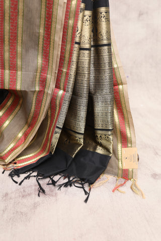 Black Kanchi Silk Cotton Saree with Jari Border-SRBKSCS70