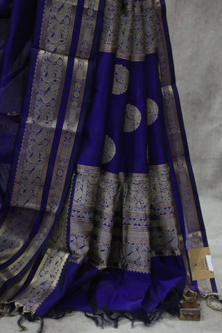 Blue Kanchi Silk Cotton Saree with Jari Border-SRBKSCS90