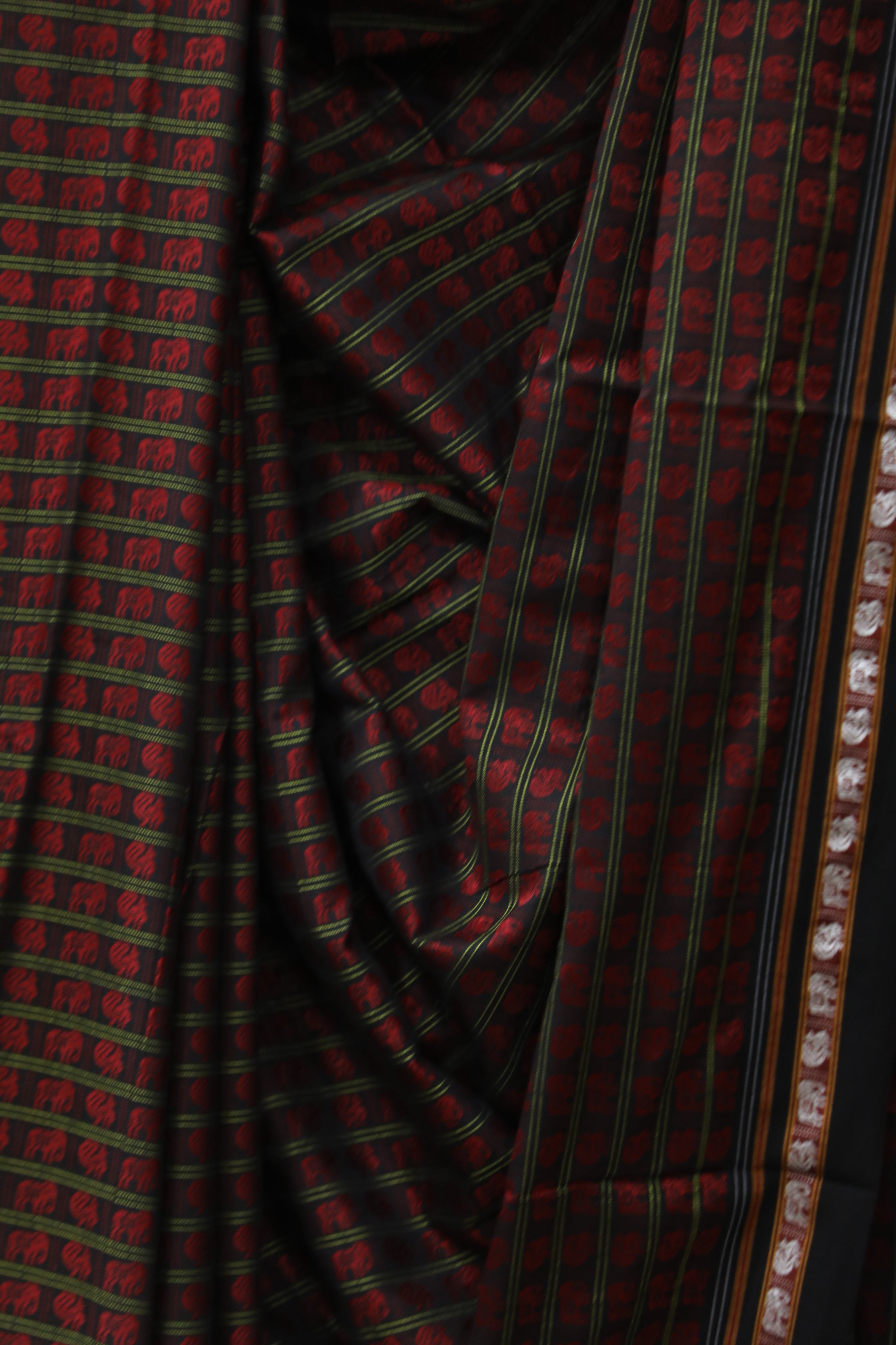 Black HathiMor Khun Saree With Black Border-SRBBPKS28EX