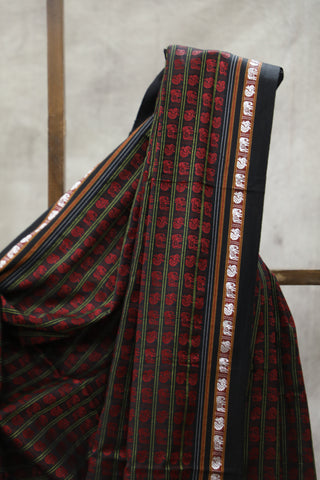 Black HathiMor Khun Saree With Black Border-SRBBPKS28EX