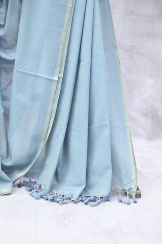 Teal Grey Mulmul Cotton Saree-SRTGMCS180