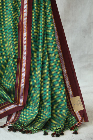 Green Yellow Plain Khun Saree With Maroon Border-SRGYMPKS25EX