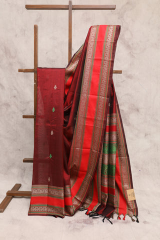 Maroon Kanchi Silk Cotton Saree with Jari Border-SRMKSCS71