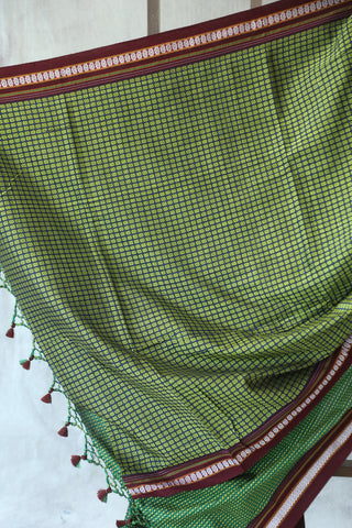 Green Yellow Plain Khun Saree With Maroon Border-SRGYMPKS25EX