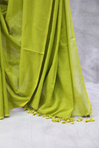 Olive Mulmul Cotton Saree-SROMCS179