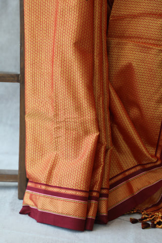 Yellow Plain Khun Saree With Maroon Border-SRYMPKS24EX