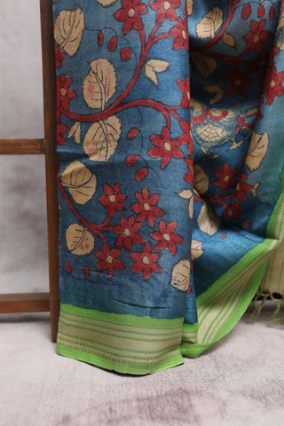 Blue Kalamkaree Tussar Silk Saree - SRBKTSS725