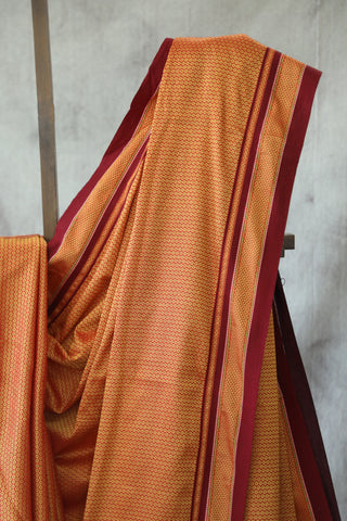 Yellow Plain Khun Saree With Maroon Border-SRYMPKS24EX