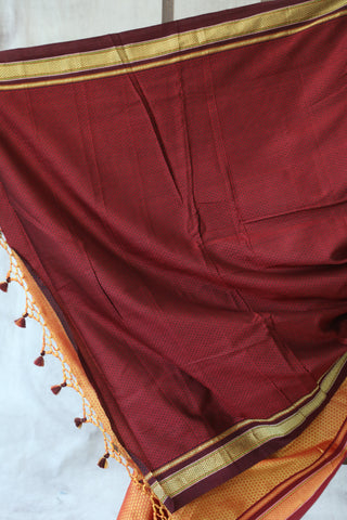 Yellow Plain Khun Saree With Maroon Border-SRYMPKS23EX