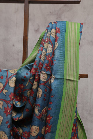 Blue Kalamkaree Tussar Silk Saree - SRBKTSS725