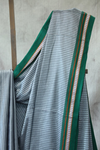 Grey Plain Khun Saree With Green Border-SRGPKS22EX