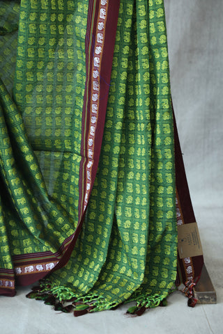 Green Yellow HathiMor Khun Saree With Maroon Border-SRGYMPKS26EX