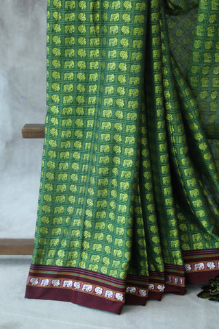 Green Yellow HathiMor Khun Saree With Maroon Border-SRGYMPKS26EX