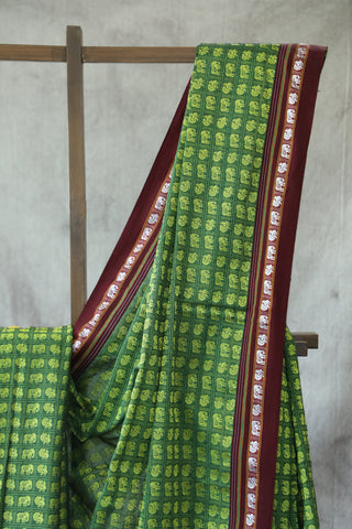 Green Yellow HathiMor Khun Saree With Maroon Border-SRGYMPKS26EX