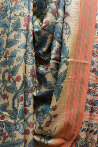 Beige-Blue Kalamkaree Tussar Silk Saree - SRBBKTSS722