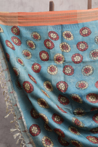 Beige-Blue Kalamkaree Tussar Silk Saree - SRBBKTSS722