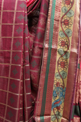 Wine Kanchi Cotton Kalamkaree Saree-SRWKCKS236