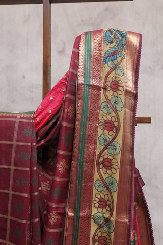 Wine Kanchi Cotton Kalamkaree Saree-SRWKCKS236