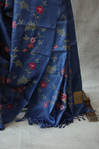 Dark Blue Embroidered Tussar Silk Saree - SRDBETSS884