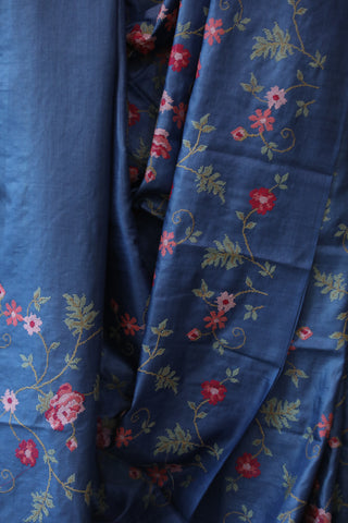 Dark Blue Embroidered Tussar Silk Saree - SRDBETSS884