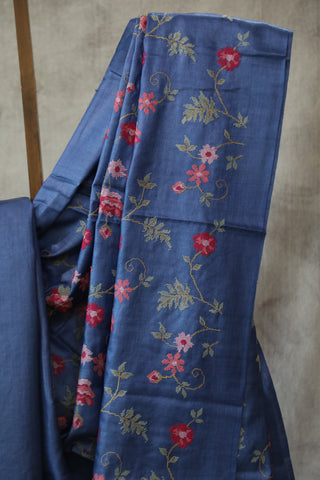 Dark Blue Embroidered Tussar Silk Saree - SRDBETSS884