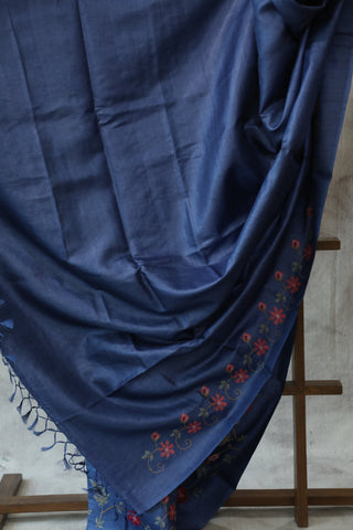 Dark Blue Embroidered Tussar Silk Saree - SRDBETSS884