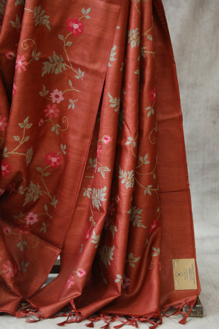 Maroon Embroidered Tussar Silk Saree - SRMETSS883