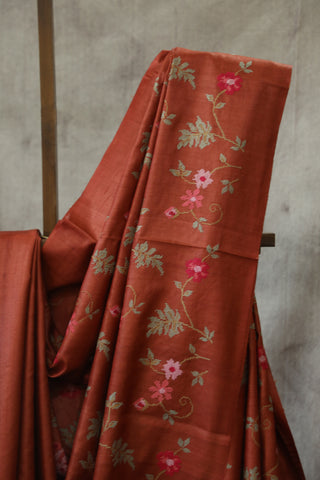 Maroon Embroidered Tussar Silk Saree - SRMETSS883