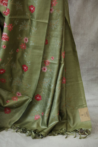 Olive Embroidered Tussar Silk Saree - SROETSS882