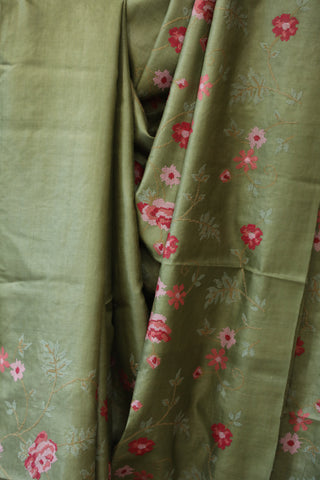 Olive Embroidered Tussar Silk Saree - SROETSS882