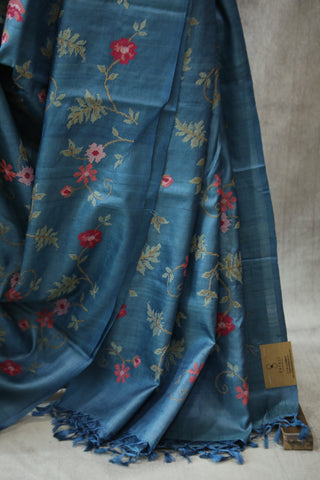 Blue Embroidered Tussar Silk Saree - SRBETSS869