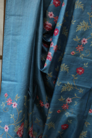 Blue Embroidered Tussar Silk Saree - SRBETSS869