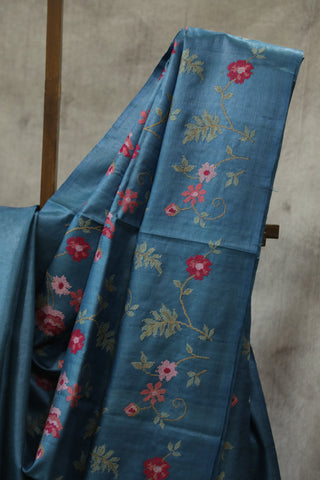 Blue Embroidered Tussar Silk Saree - SRBETSS869