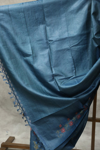 Blue Embroidered Tussar Silk Saree - SRBETSS869